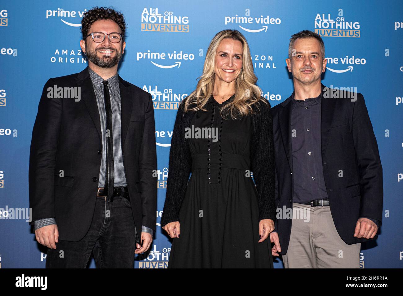 Turin, Italy. 17 November 2021. Dante Sollazzo, Nicole Morganti and Lorenzo Anastasio pose during the photo call of the new Amazon Prime Video show 'All or Nothing: Juventus' premiere. Credit: Nicolò Campo/Alamy Live News Stock Photo