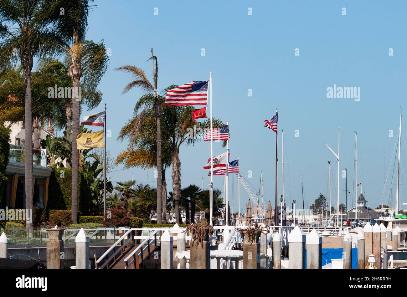 patriotic flags in Newport Beach harbor in California Stock Photo