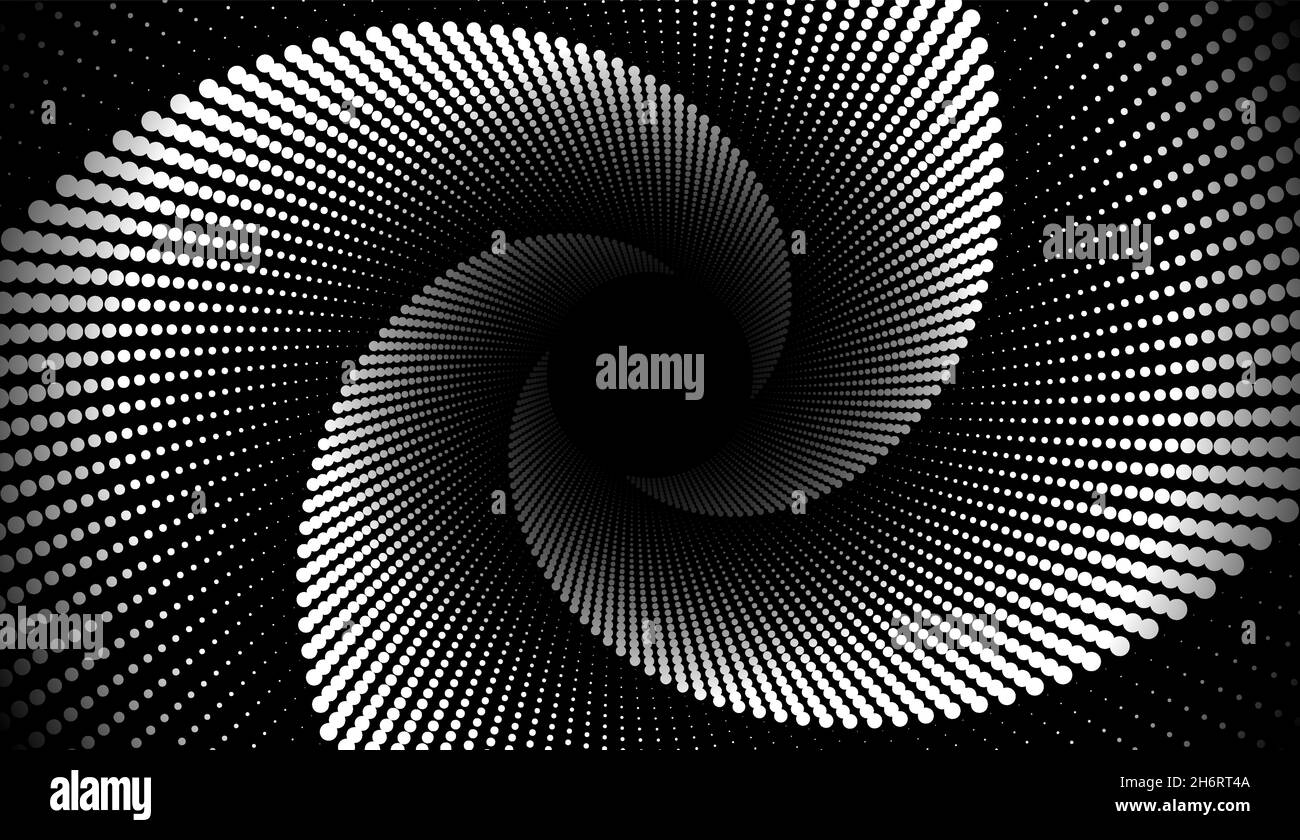Spiral wave from dots. Spinning dotted halftone vector spiral. Hypnotic psychedelic background. Stock Vector