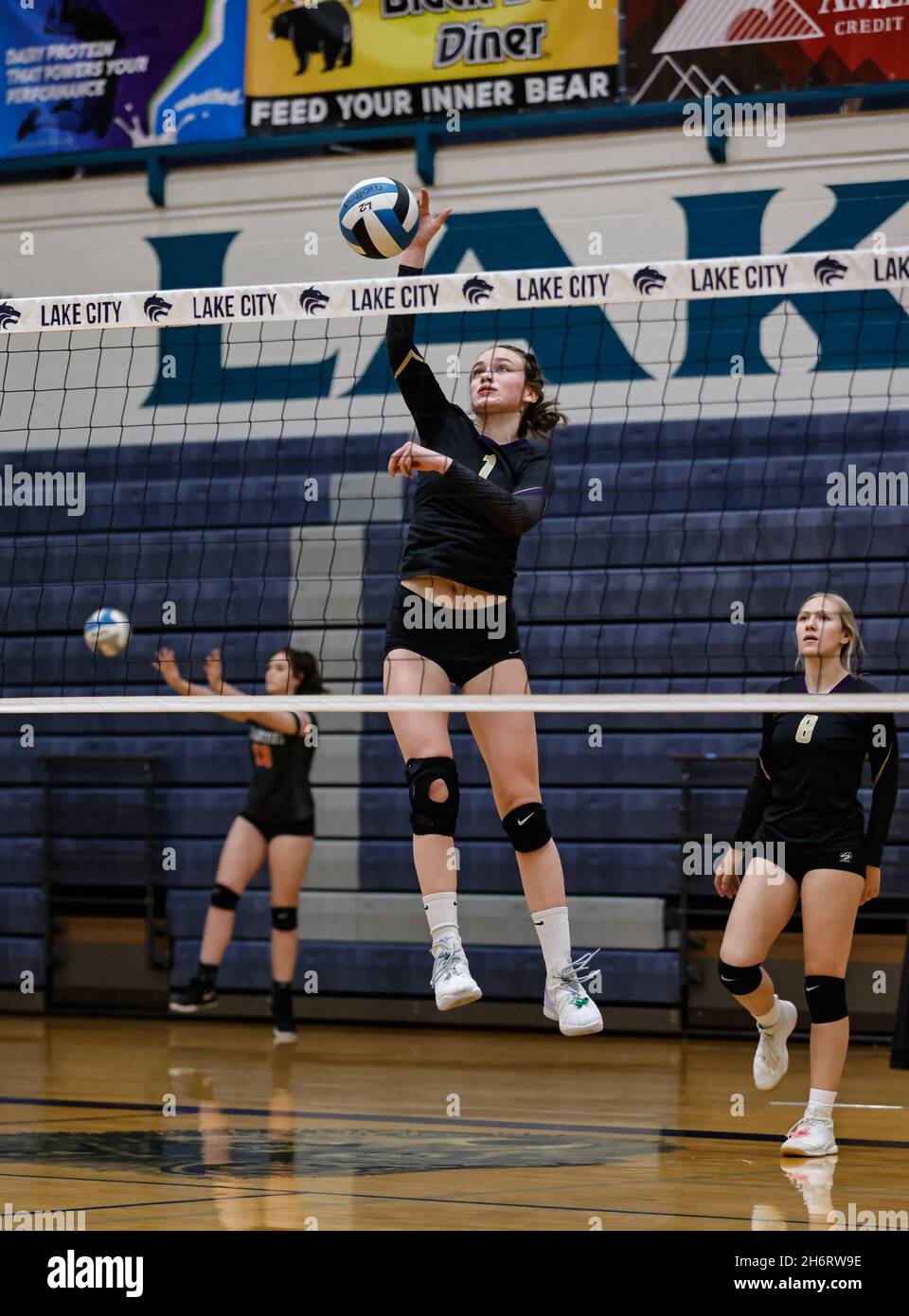 Volleyball action with Parma vs Kellogg at the Idaho State Championships in Coeur d'Alene, Idaho. Stock Photo