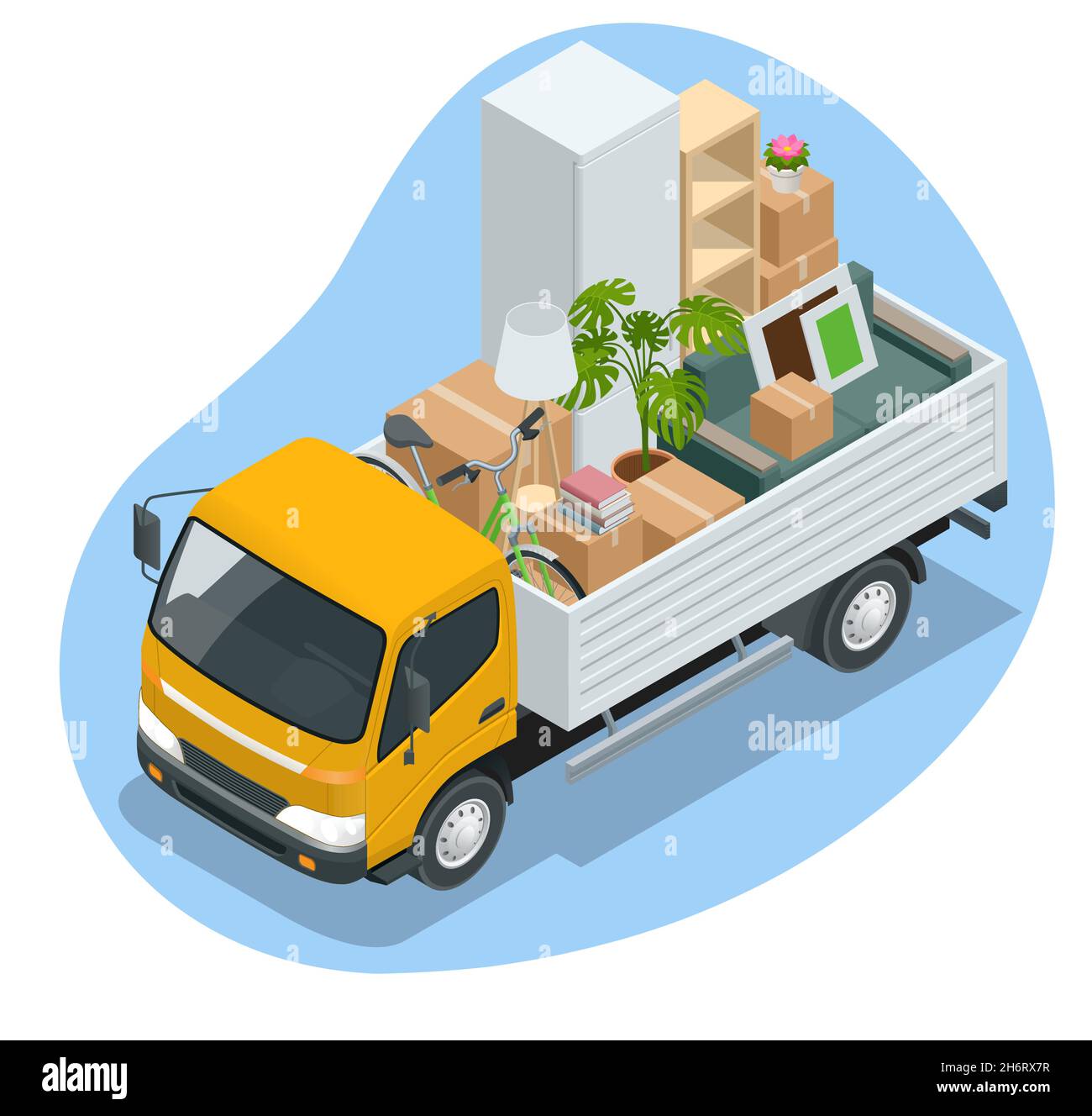 Isometric Moving Company Worker Carrying Boxes and Furniture, Truck