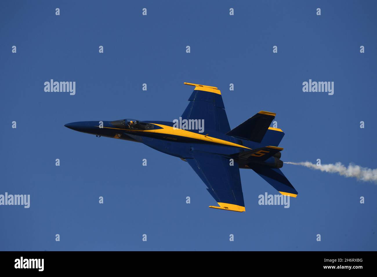 Blue Angel Solo 5 on a high-speed pass at NAF El Centro, California in a F/A-18E Super Hornet. Stock Photo