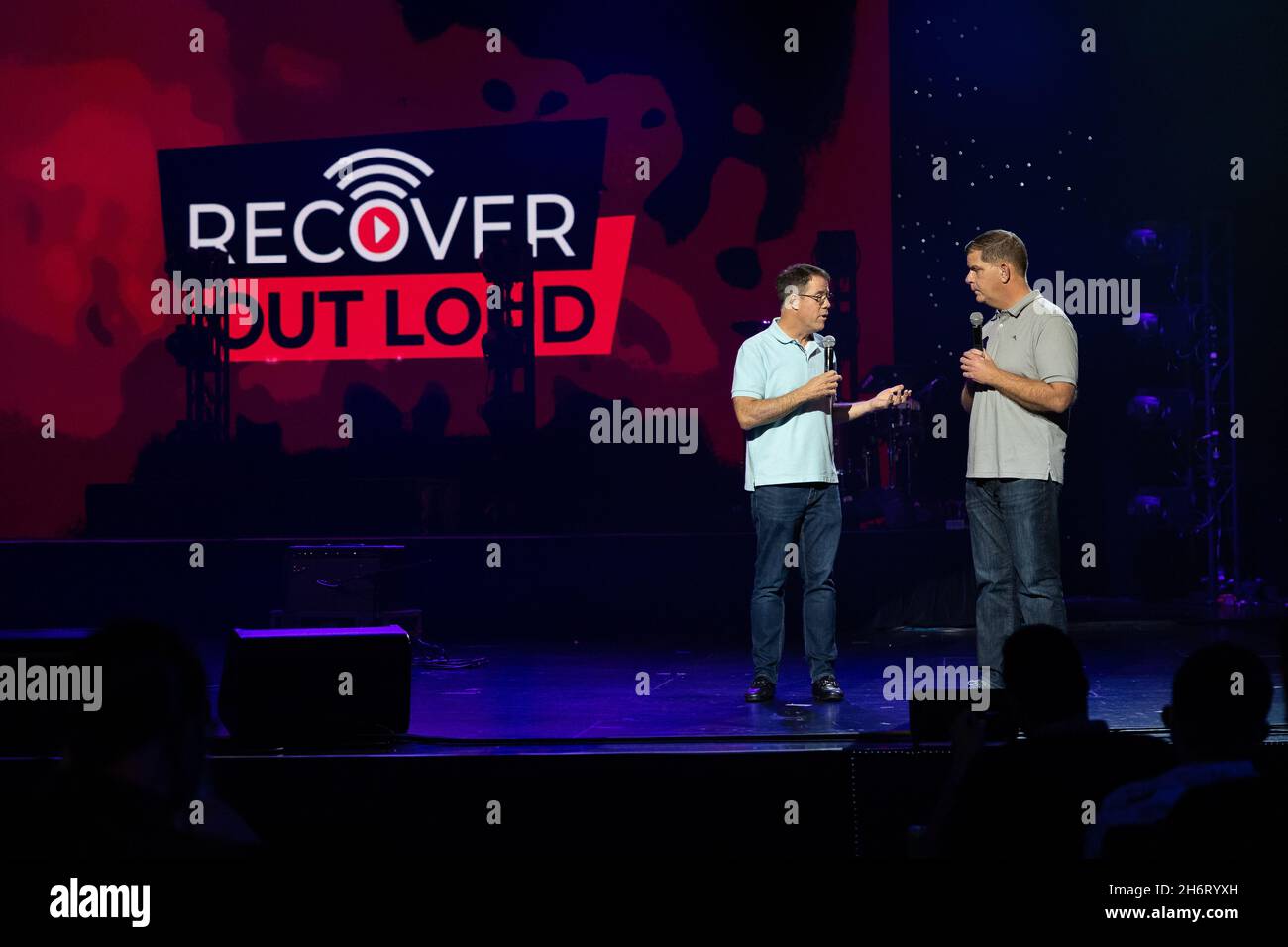 Washington, United States of America. 28 September, 2021. U.S Secretary of Labor Marty Walsh, right, delivers remarks onstage with Ryan Hampton at the Recovery Out Loud Concert during the Mobilize Recovery Conference September 28, 2021 in Las Vegas, Nevada.   Credit: Shawn T Moore/Dept of Labor/Alamy Live News Stock Photo