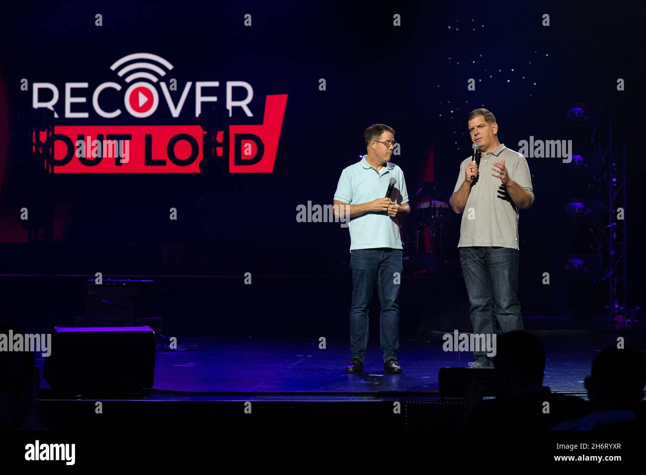 Washington, United States of America. 28 September, 2021. U.S Secretary of Labor Marty Walsh, right, delivers remarks onstage with Ryan Hampton at the Recovery Out Loud Concert during the Mobilize Recovery Conference September 28, 2021 in Las Vegas, Nevada.   Credit: Shawn T Moore/Dept of Labor/Alamy Live News Stock Photo
