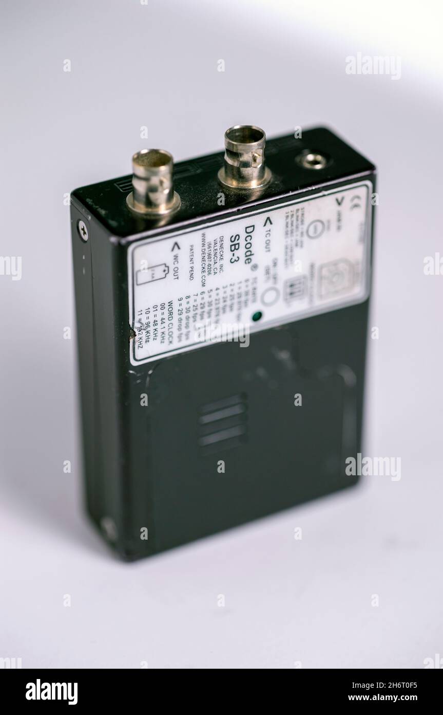 Time code locket box used in audio and viedo production as part of the work flow to have video and audio files in sync. Stock Photo