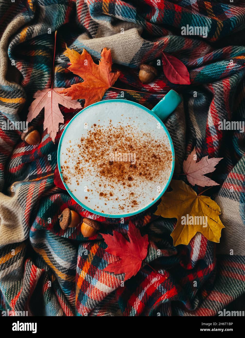 Overhead of pumpkin spice latte on plaid fall scarf with leaves Stock Photo