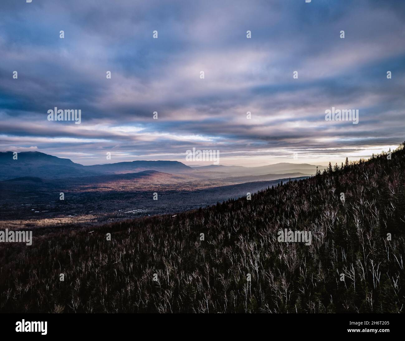 aerial view of Carrabassett Valley, Maine at with purple sunrise Stock