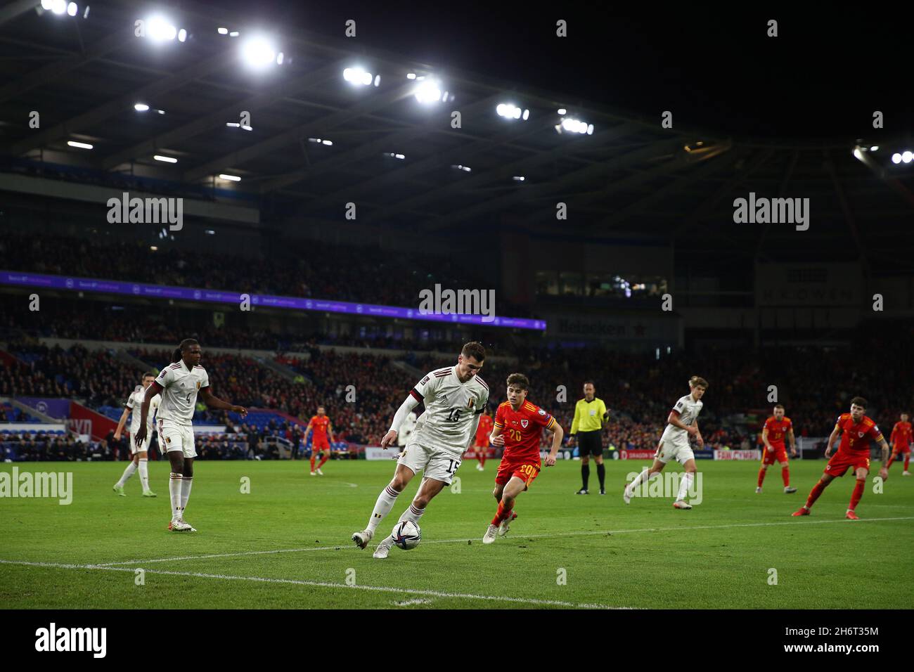 Cardiff, UK. 16th Nov, 2021. Thomas Meunier of Belgium (15) and Daniel James of Wales (20) in action. FIFA World Cup qualifier, group E, Wales v Belgium at the Cardiff city stadium in Cardiff, South Wales on Tuesday 16th November 2021. Editorial use only. pic by Andrew Orchard/Andrew Orchard sports photography/Alamy Live News Credit: Andrew Orchard sports photography/Alamy Live News Stock Photo