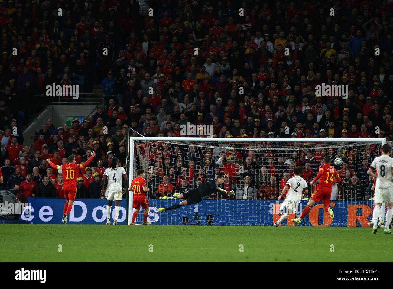 Cardiff, UK. 16th Nov, 2021. Belgium goalkeeper Koen Casteels watches as a shot goes just past his post. FIFA World Cup qualifier, group E, Wales v Belgium at the Cardiff city stadium in Cardiff, South Wales on Tuesday 16th November 2021. Editorial use only. pic by Andrew Orchard/Andrew Orchard sports photography/Alamy Live News Credit: Andrew Orchard sports photography/Alamy Live News Stock Photo