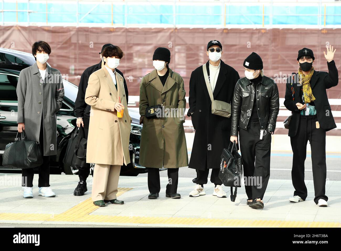 18th Nov, 2021. BTS leaves for U.S. Jin (R) and Jungkook, members of South  Korean boy group BTS, arrive at Incheon International Airport, west of  Seoul, on Nov. 17, 2021, to head