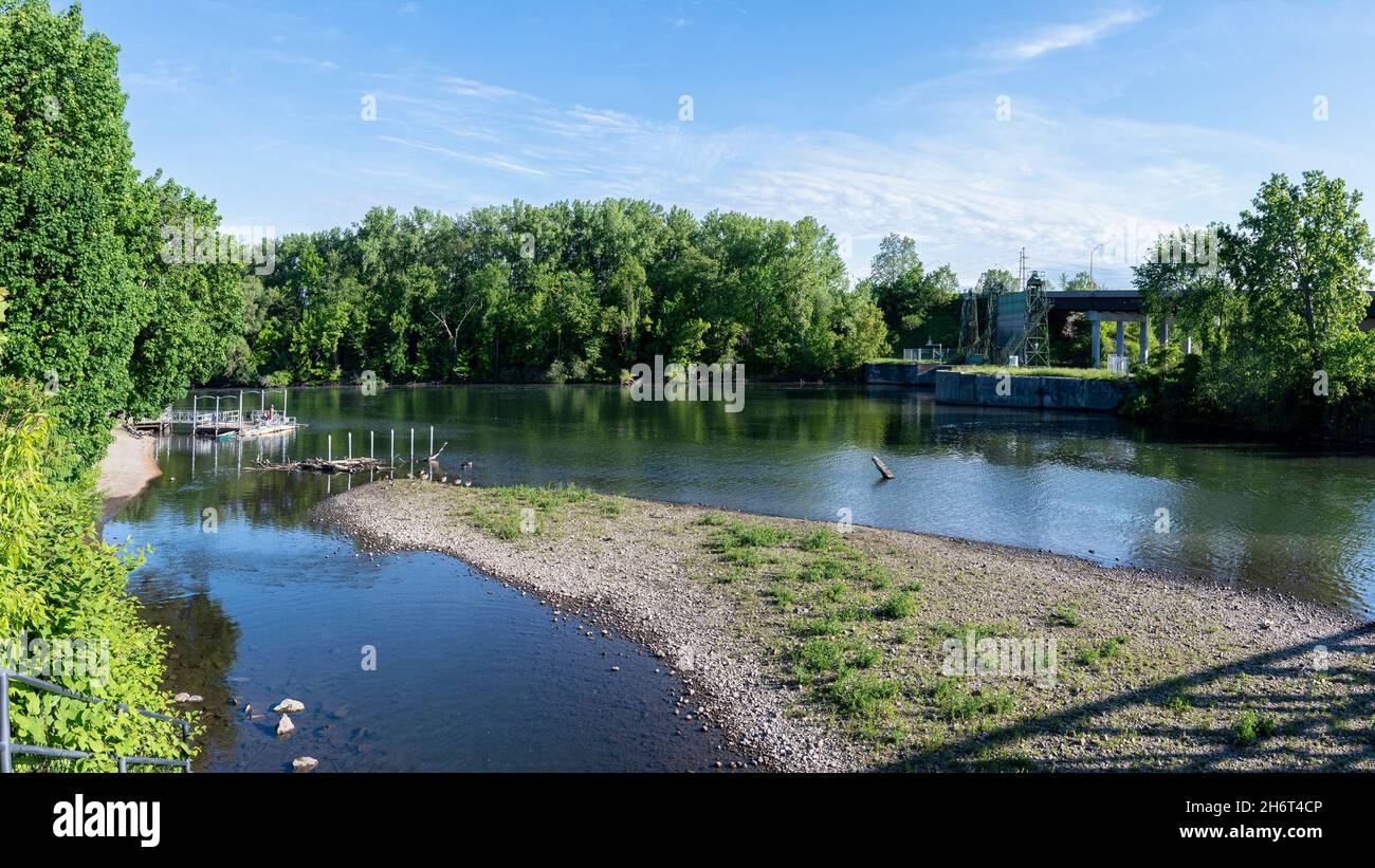 16:9 Wide View of Erie Canal Lock of Pool Brook River in Bellamy Harbor Park of Rome, New York. Stock Photo