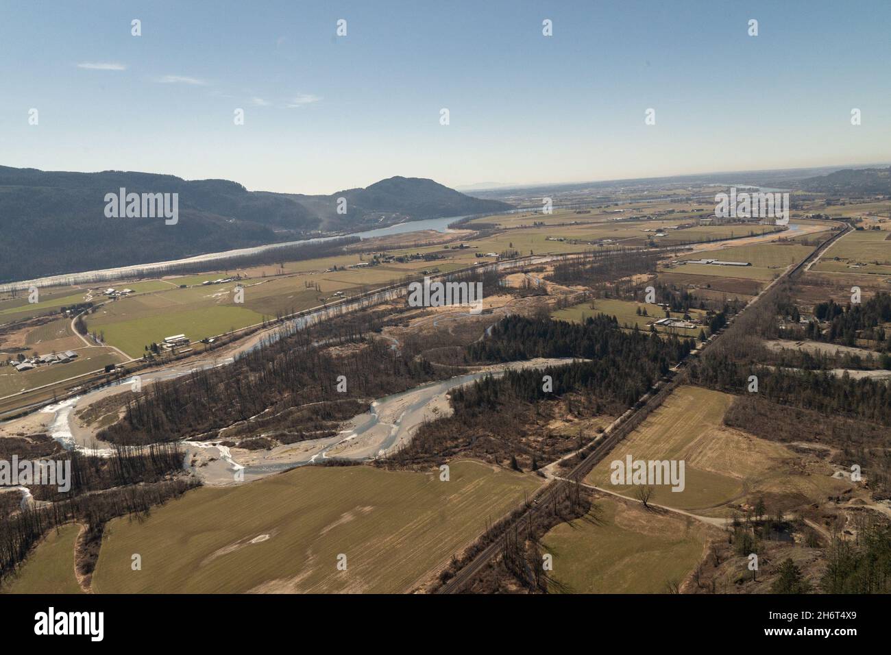 Aerial view of the Sumas prairie and Fraser River drainage in the lower Fraser River close to the city of Chilliwack in British Columbia, Canada. Stock Photo