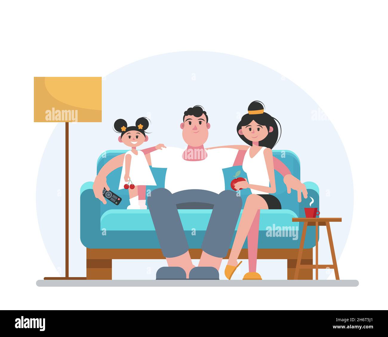 Happy family watching tv while sitting on the sofa in the living room. Dad, mom and daughter. Vector illustration in flat style. Stock Vector