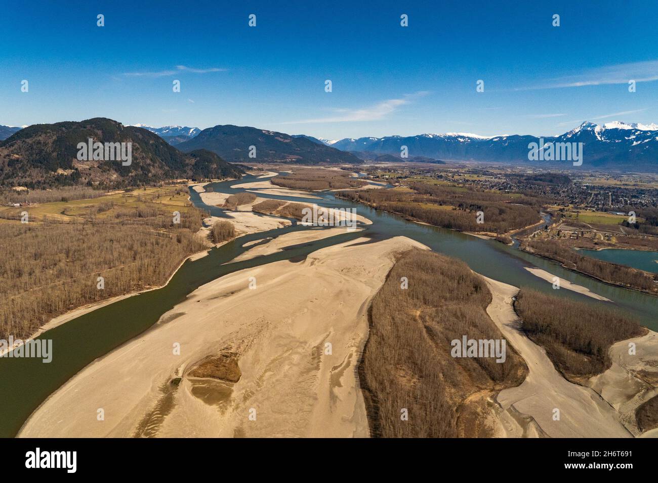 Aerial view of the Fraser River floodplain taken on spring showing low water levels. Stock Photo
