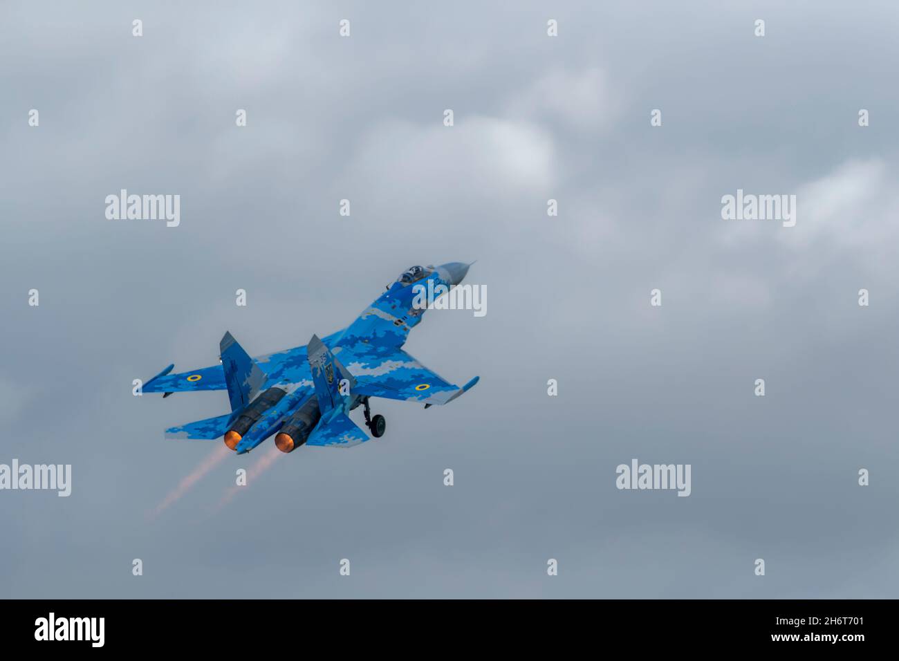 Ukraine Air Force Sukhoi SU-27 Fighter Plane with After Burners Stock Photo