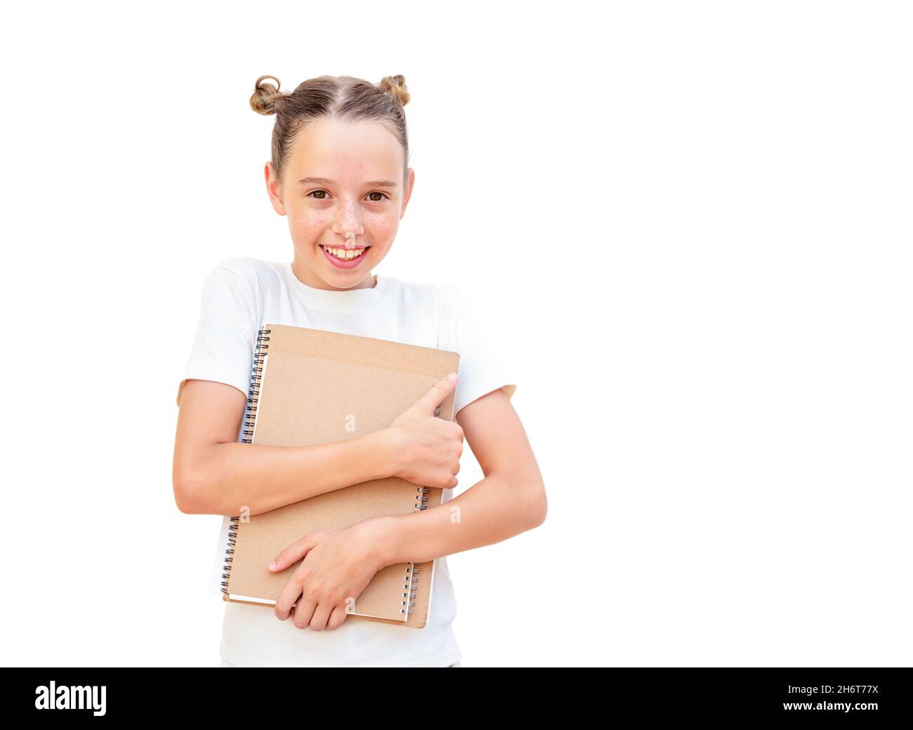 Portrait of child with textbook isolated on white background Stock ...