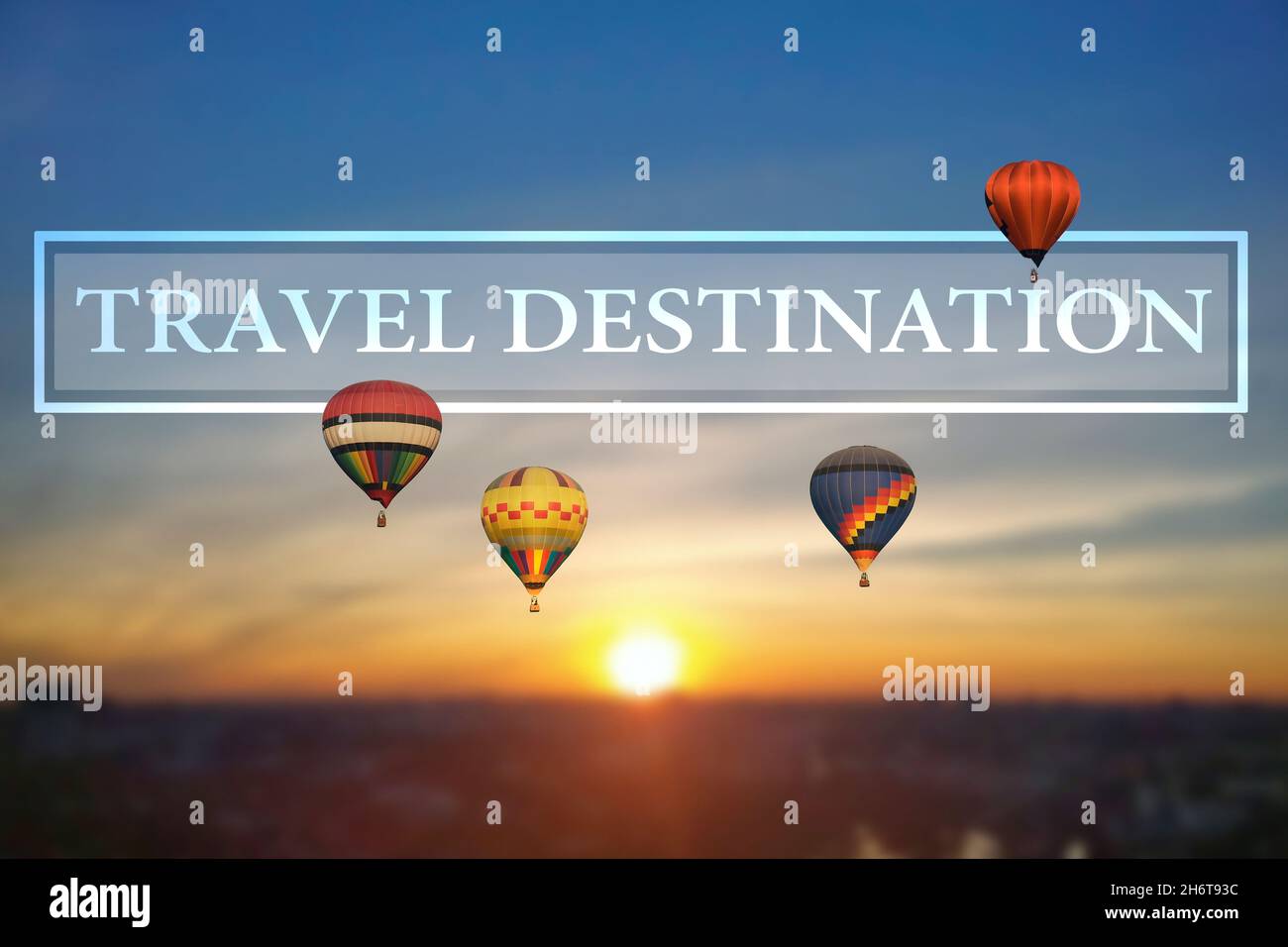 Travel destination background with hot air balloon and the morning sunrise. Stock Photo