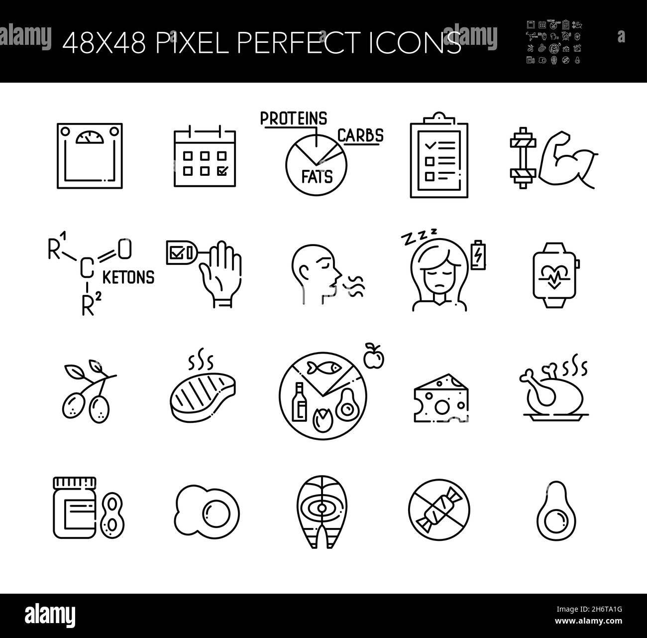 Ketogenic low carb with fat prevalence diet main ideas and bad side effects. Pixel perfect, editable stroke icon Stock Vector