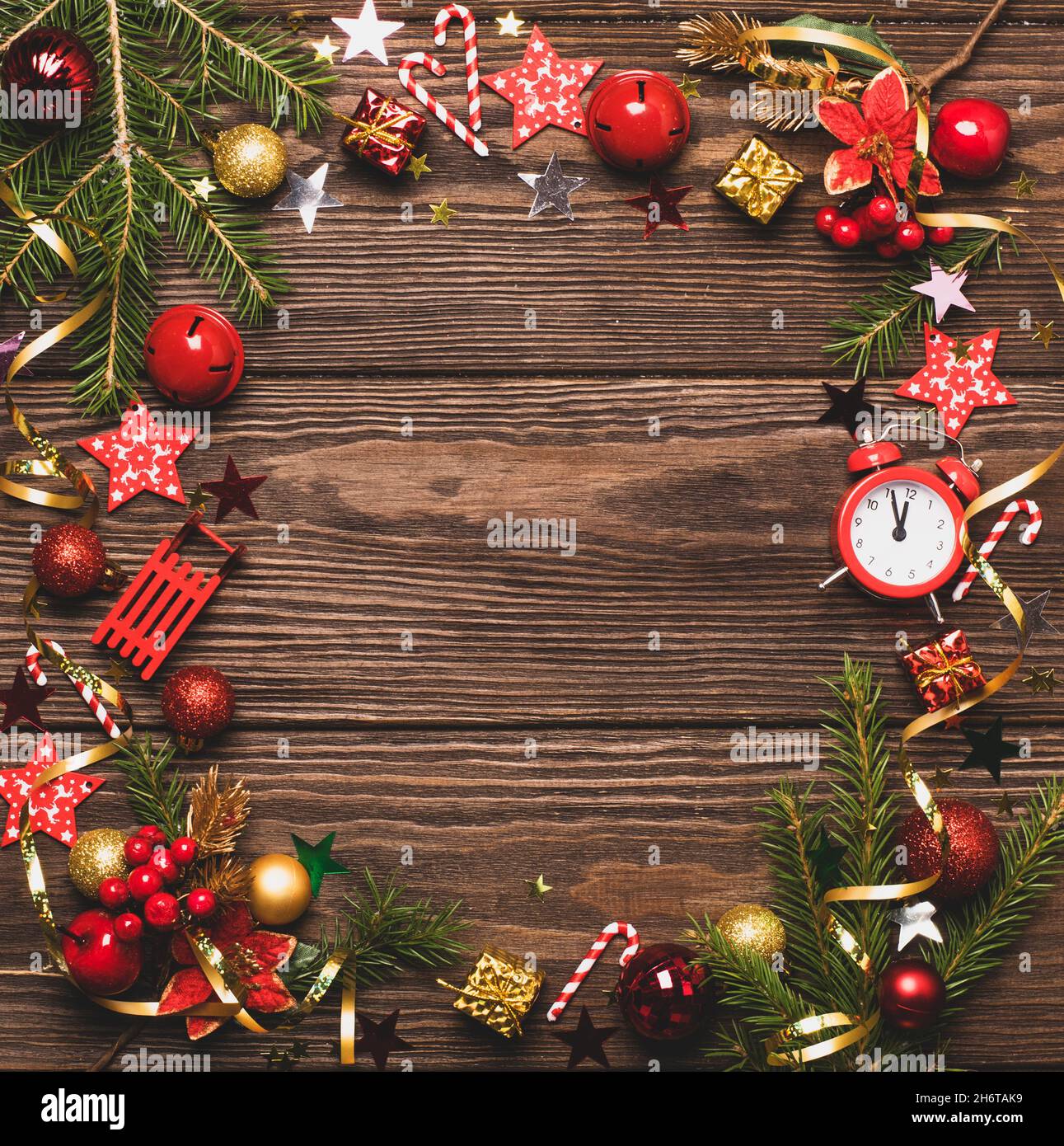 Christmas festive layout frame red balls toys bells green branches ...