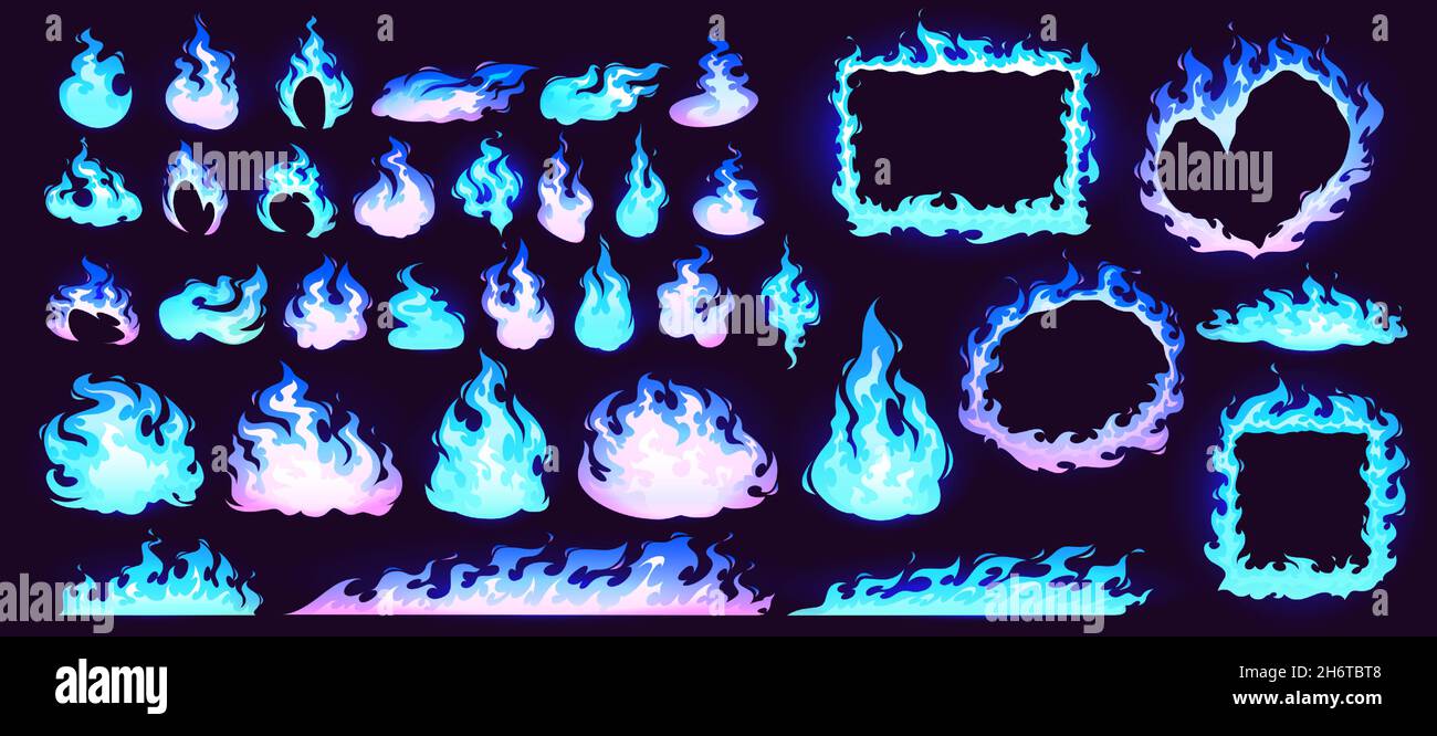 Burning blue fire, frames and borders of flame isolated on black