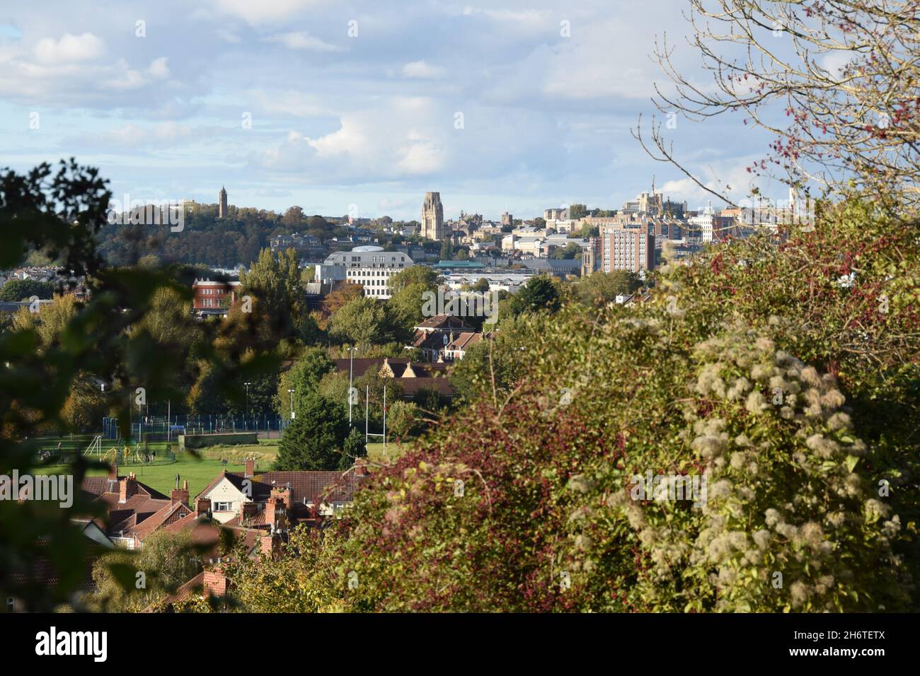 Cityscape of Bristol as seen from the Northern Slopes nature reserve.  Suburban terraces in foreground with skyline of city centre on the horizon Stock Photo