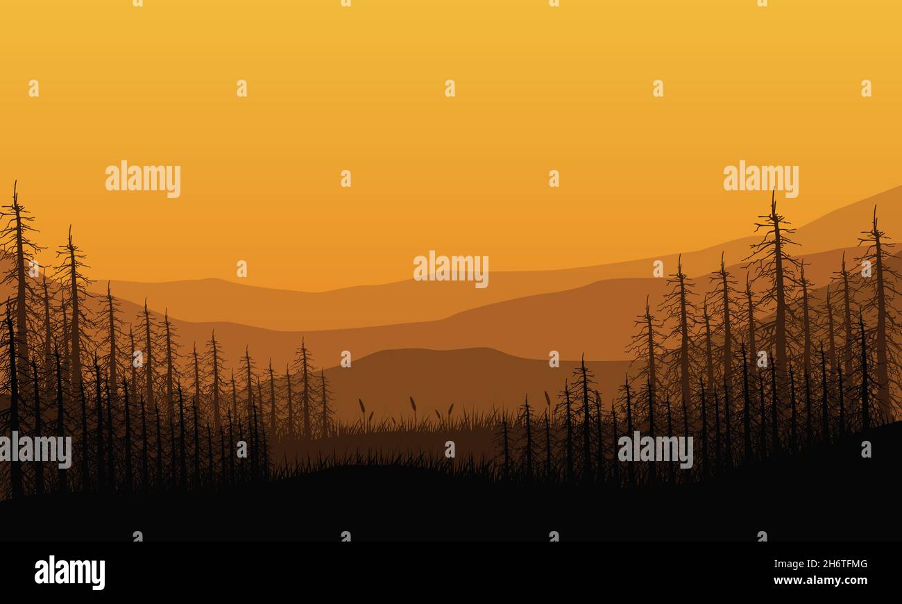 Pdusk Vector Amazing mountain view with the silhouette of the pine trees from the ...