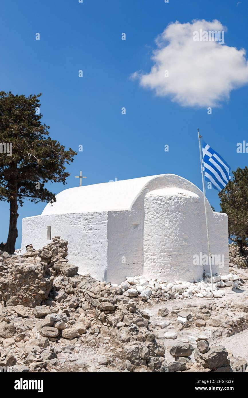 White chapel on the Monolithos fortress Stock Photo