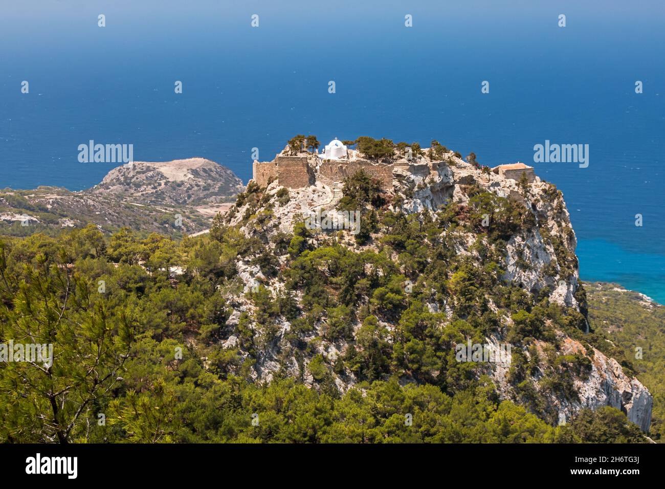 the mountain Monolithos with fortress Stock Photo
