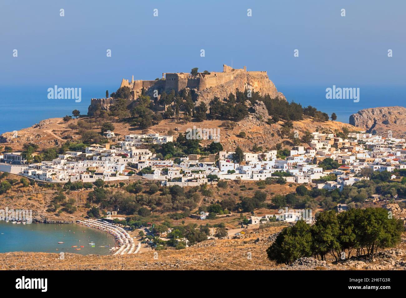 Lindos the White City with Acropolis Stock Photo