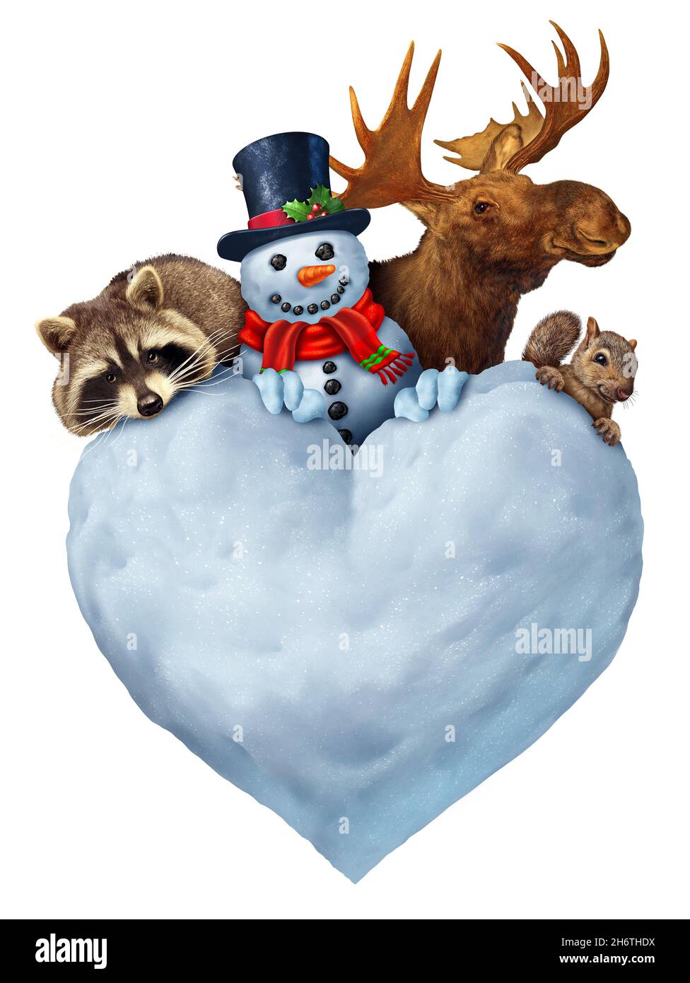 Funny winter wildlife as a Snowman a moose with a raccoon and squirrel behind a heart shaped snow sculpture as a fun animal Christmas holiday. Stock Photo