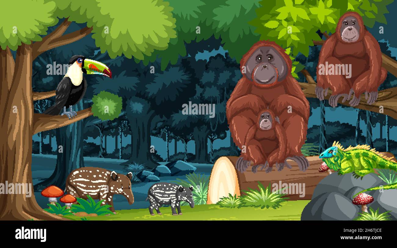 Wild animals in forest landscape background illustration Stock Vector ...