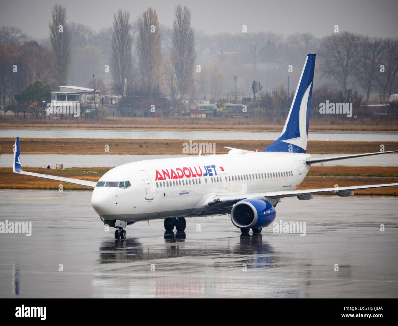 An Anadolu aircraft at Boryspil Airport. Since the beginning of 2021, Boryspil Airport has served more than 8 million passengers. Passenger traffic recovered by 71% compared to pre-crisis figures in October 2019. Stock Photo