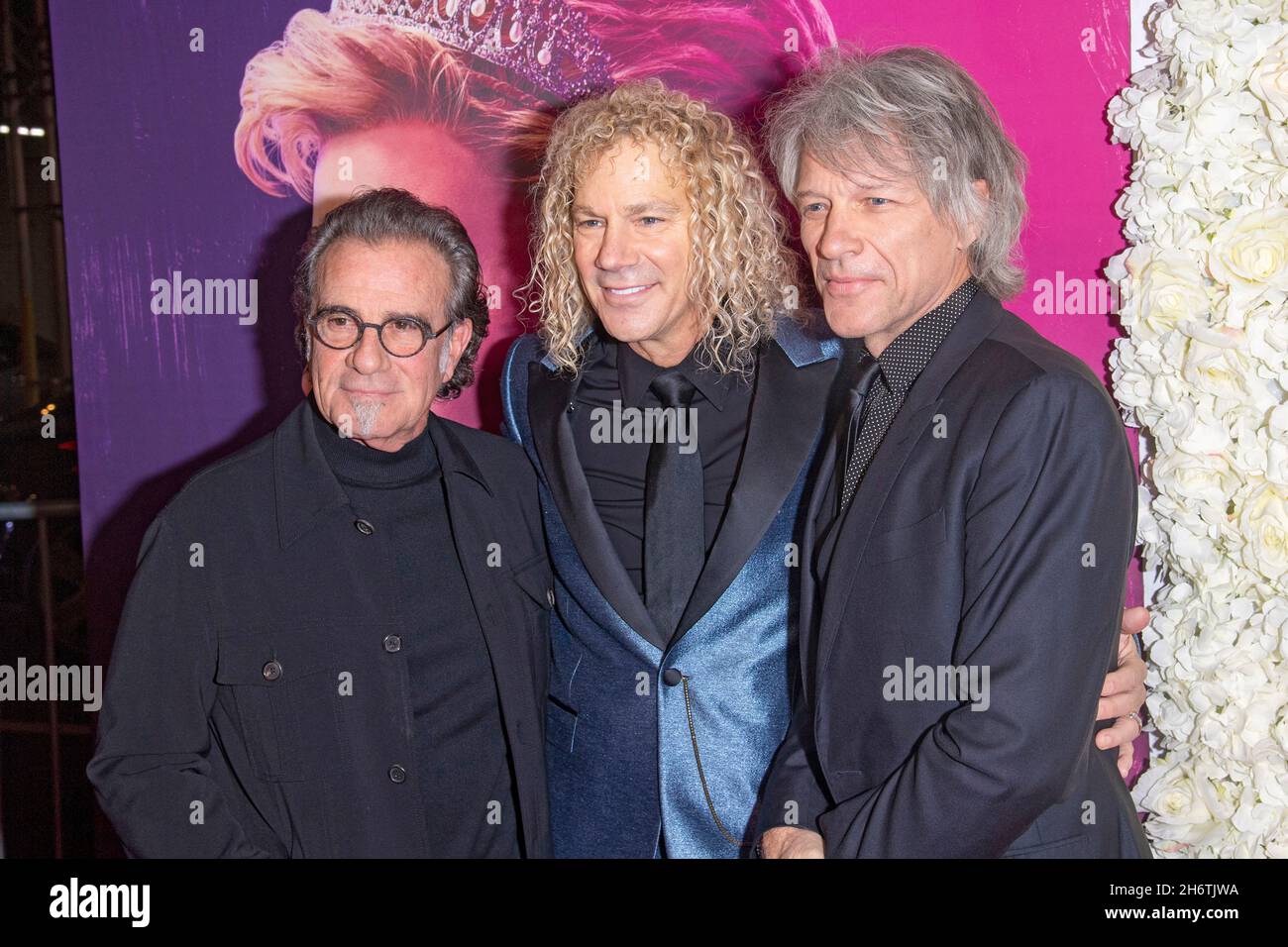 New York, United States. 17th Nov, 2021. Bon Jovi members Tico Torres (L), David Bryan (C), and Jon Bon Jovi (R) attend the opening night of the new musical 'Diana, The Musical' on Broadway at The Longacre Theatre in New York City. Credit: SOPA Images Limited/Alamy Live News Stock Photo