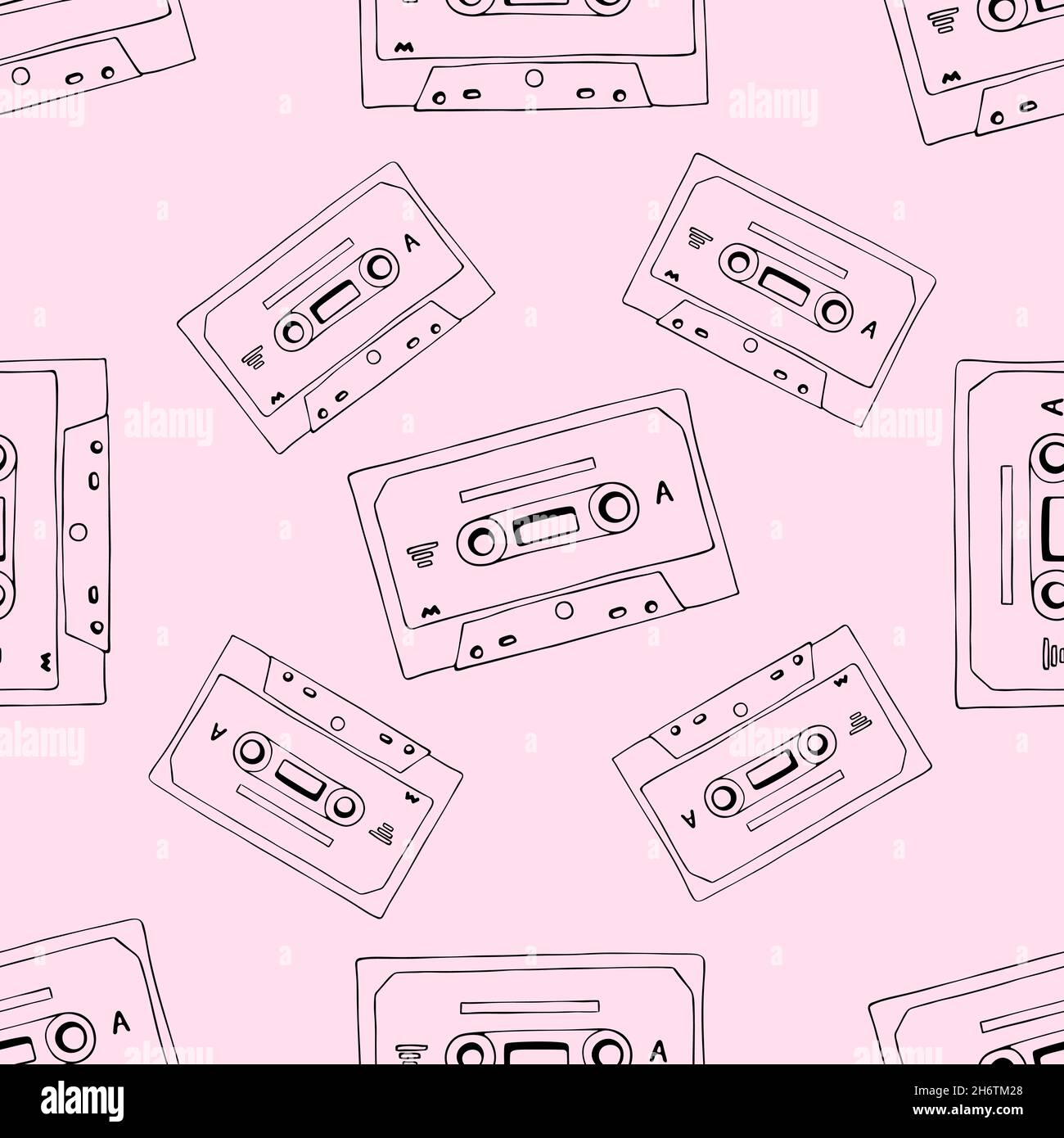 Hand drawn cassette and mixtape seamless pattern, black and pink cartoon doodle background for music technology or audio equipment concept. Stock Vector