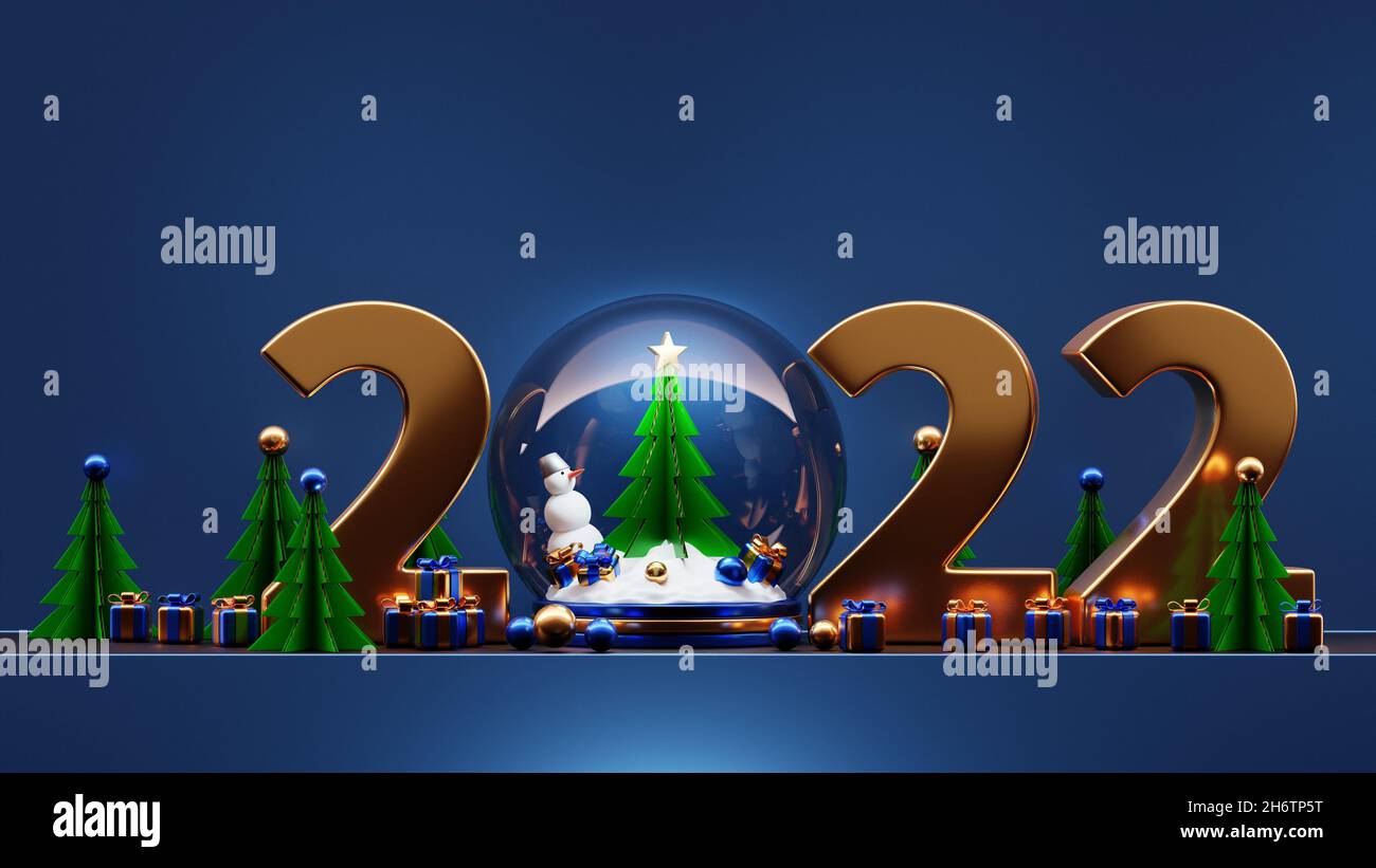 Christmas Globe 2022 3D Illustration Of Cartoon Happy New Year 2022 Greeting Card: New Year  Snowman With Gifts, Glass Snow Globe With Christmas Tree, Retro Cars Under  Magi Stock Photo - Alamy