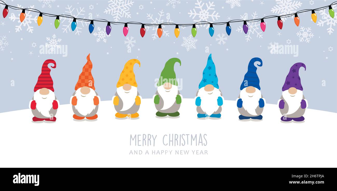 christmas greeting card with cute christmas dwarf in rainbow colours vector illustration EPS10 Stock Vector