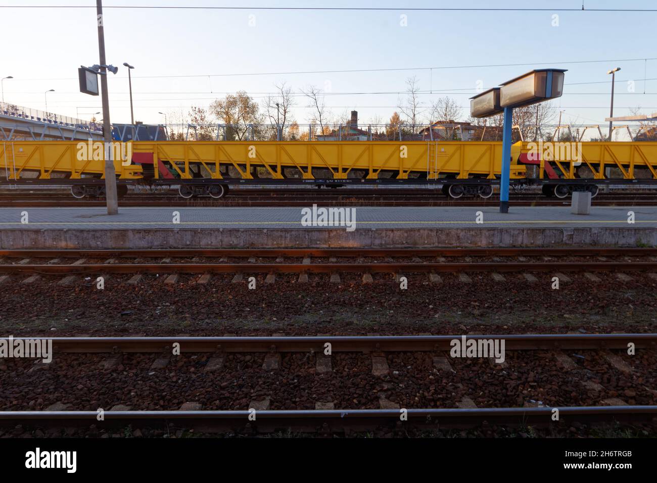 Platforms and trains at the Żywiec (SL) railway station. Stock Photo