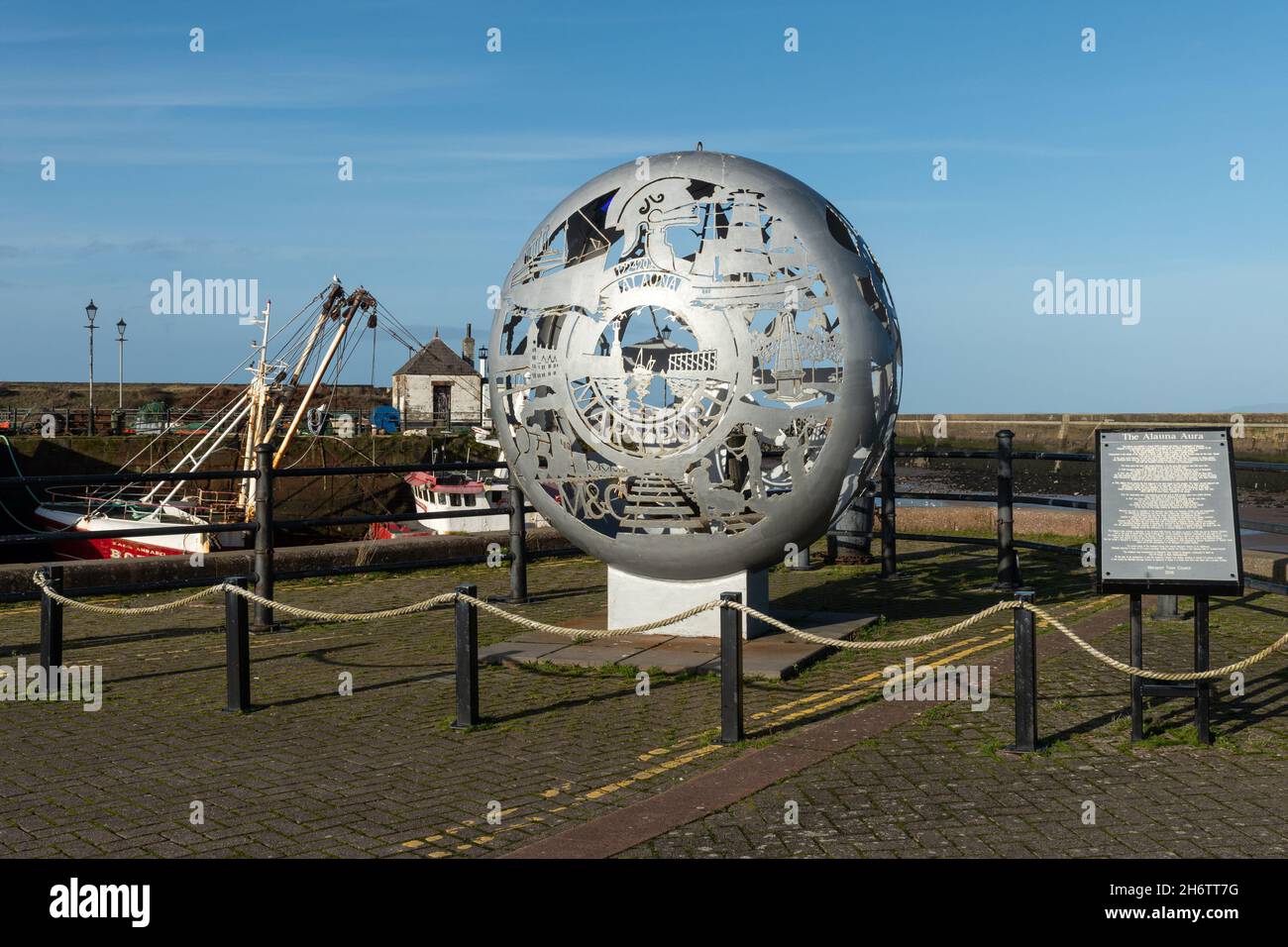 The 'Alauna Aura', a stainless steel sculpture beside the harbour in Maryport, Cumbria, England, UK Stock Photo
