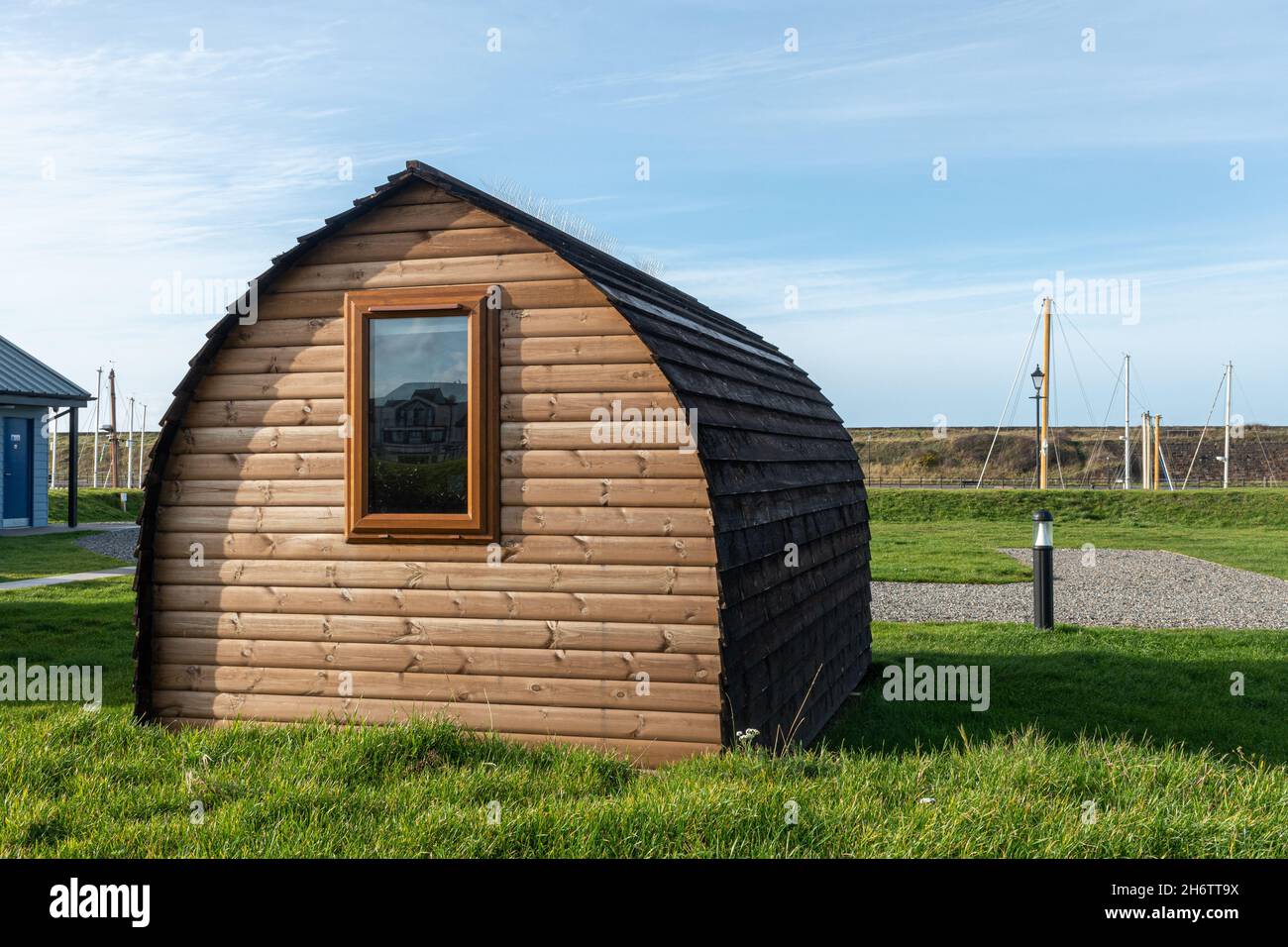 Maryport glamping pod or camping pod at Harbourside Caravan Park beside the marina in the coastal town in Cumbria, England, UK Stock Photo