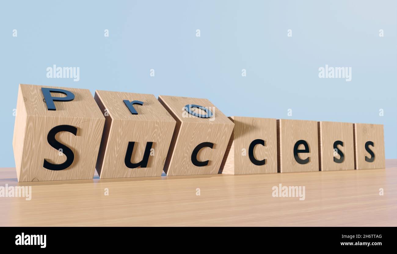 3d rendered Process for success concept. Wooden cube block flip over word process to success on wood table Stock Photo