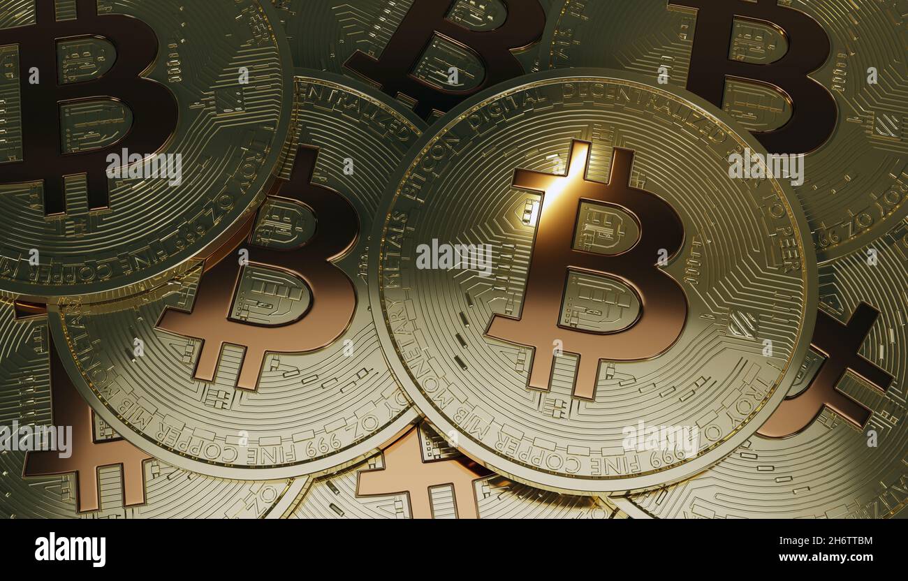 3d rendered Bitcoins layed flat Stock Photo