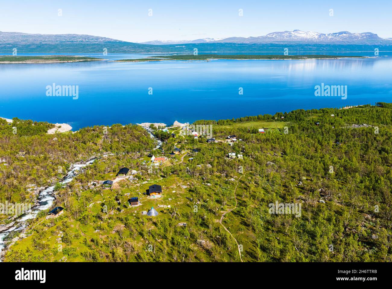 Aerial view of houses near lake Stock Photo