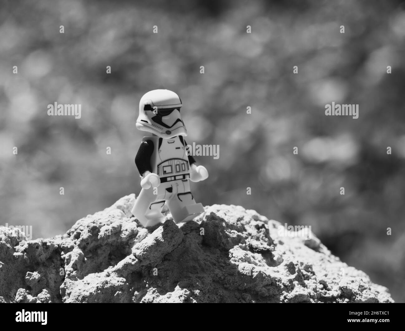 Chernihiv, Ukraine, July 13, 2021. A plastic minifigure of a Star Wars character. Imperial stormtrooper close-up. Illustrative editorial. Stock Photo