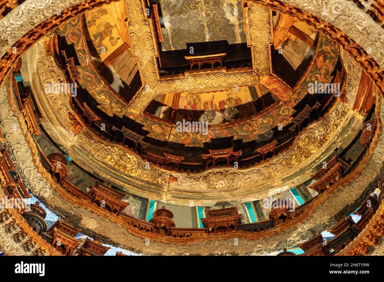 The caisson ceiling of longfu temple in Beijing is seen in the Beijing Xiannongtan Chinese Ancient Architecture Museum. Stock Photo