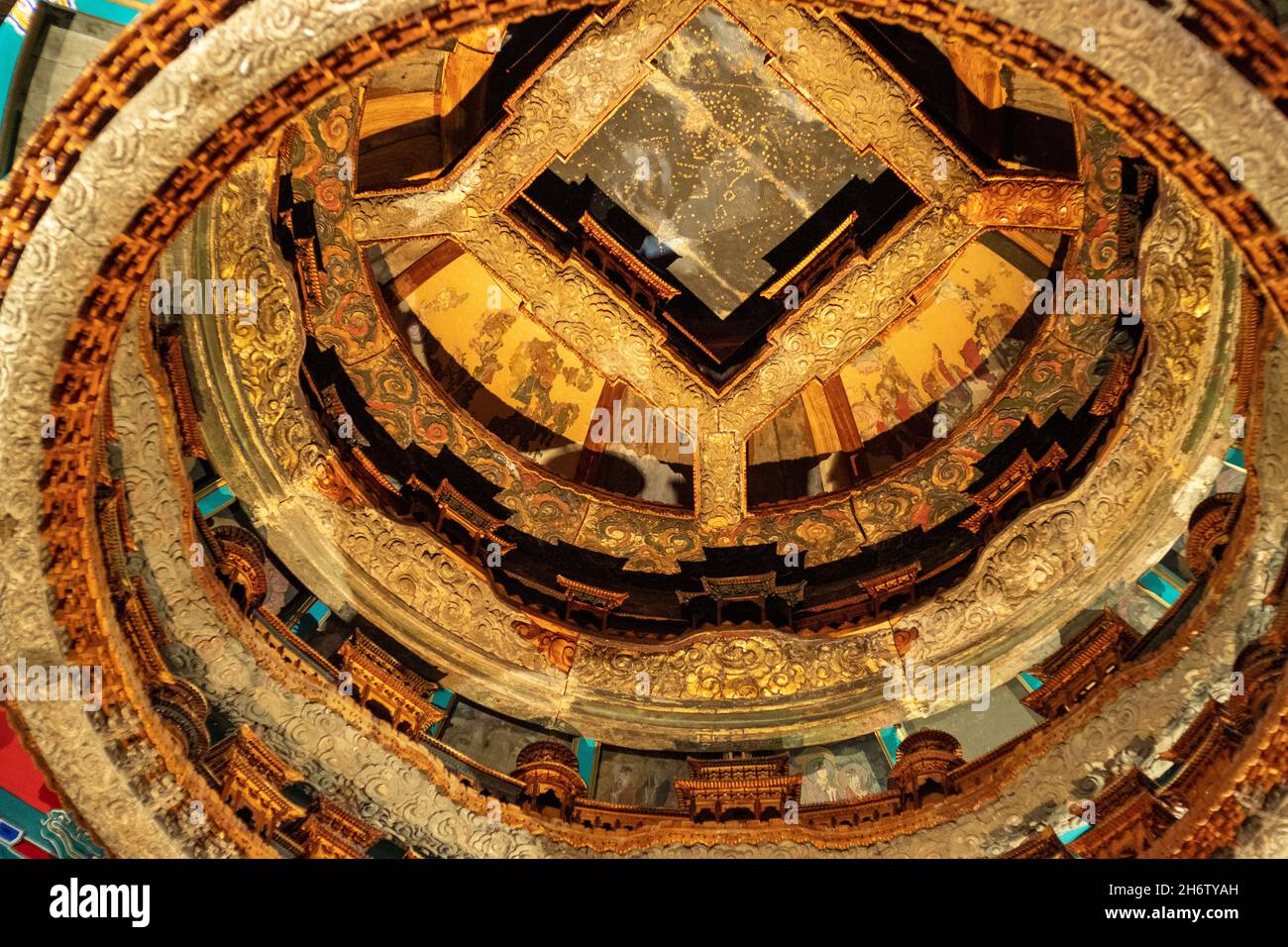 The caisson ceiling of longfu temple in Beijing is seen in the Beijing Xiannongtan Chinese Ancient Architecture Museum. Stock Photo