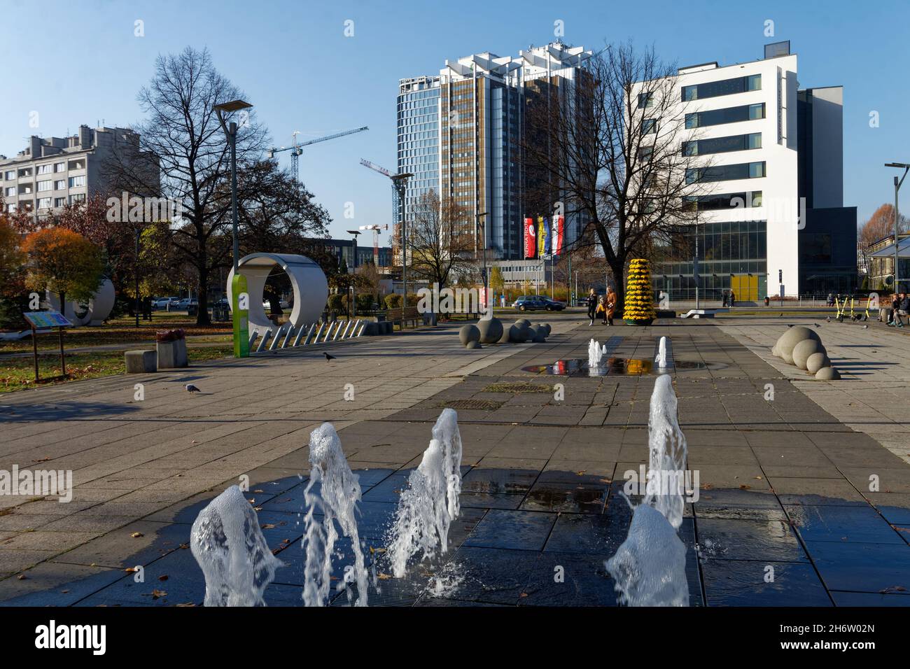 New residential towers by Atal in downtown Katowice (SL) seen form the nearby square. Stock Photo