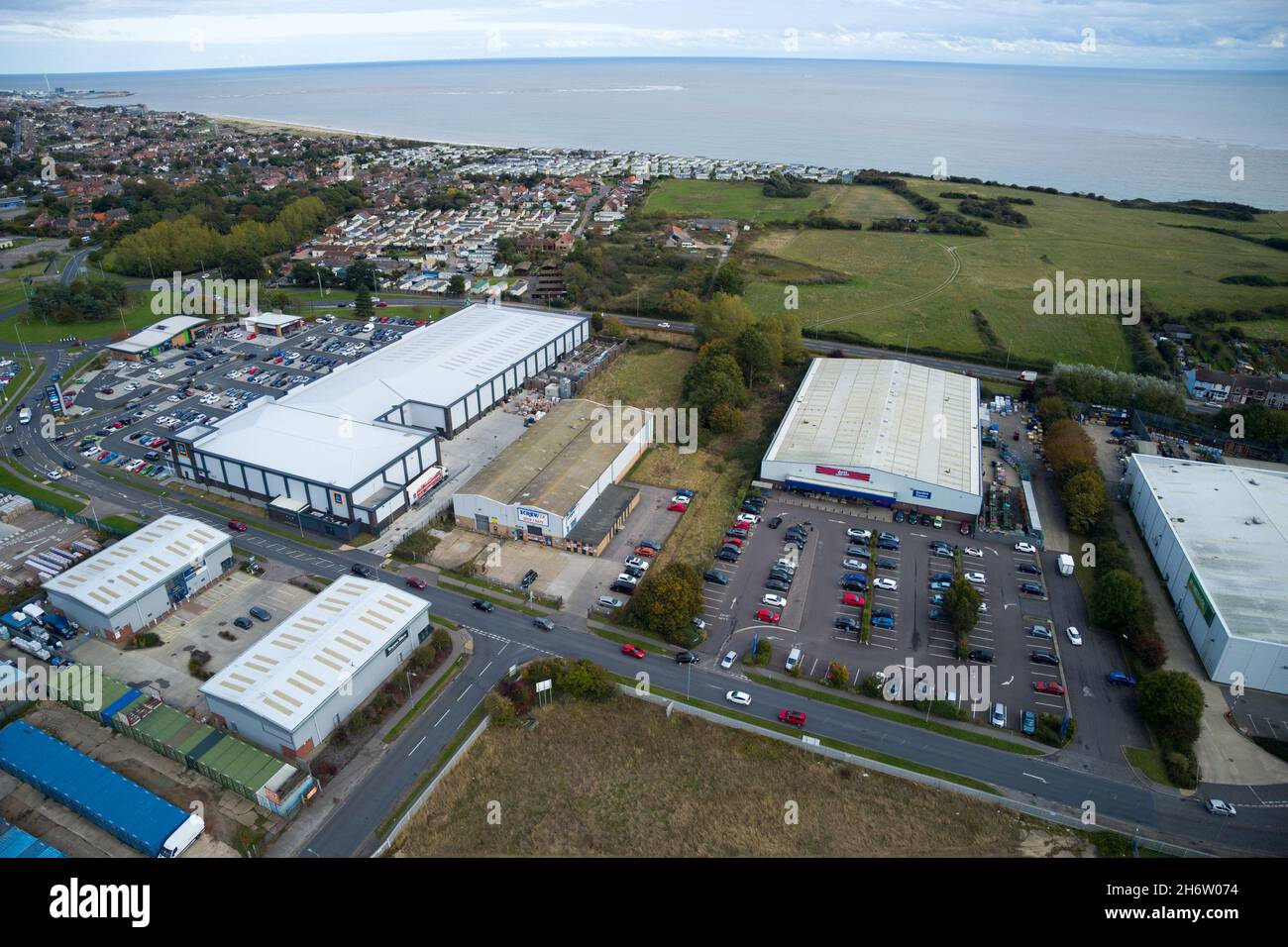 Lowestoft - Over Tower Road showing B&M,Gateway Retail Park, Homebase and Morrisons Stock Photo