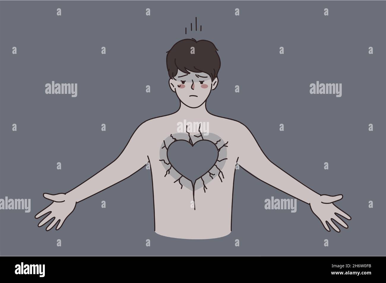 Broken heart and negative emotions concept. Young unhappy man in depression standing with grey stone heart feeling nothing vector illustration  Stock Vector