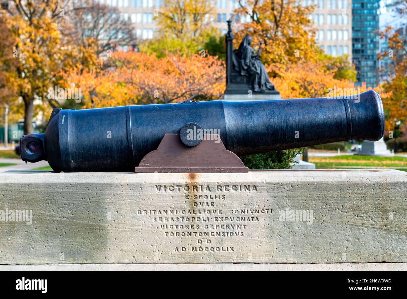 Antique military cannon outside of the Queen's Park Legislative Assembly of Ontario  or Provincial Parliament Building.Nov. 18, 2021 Stock Photo
