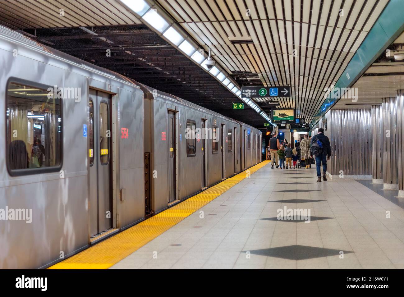 A Bombardier train in the Bloor-Yonge subway station which is part of the Toronto Transit Commission or TTC.Nov. 18, 2021 Stock Photo